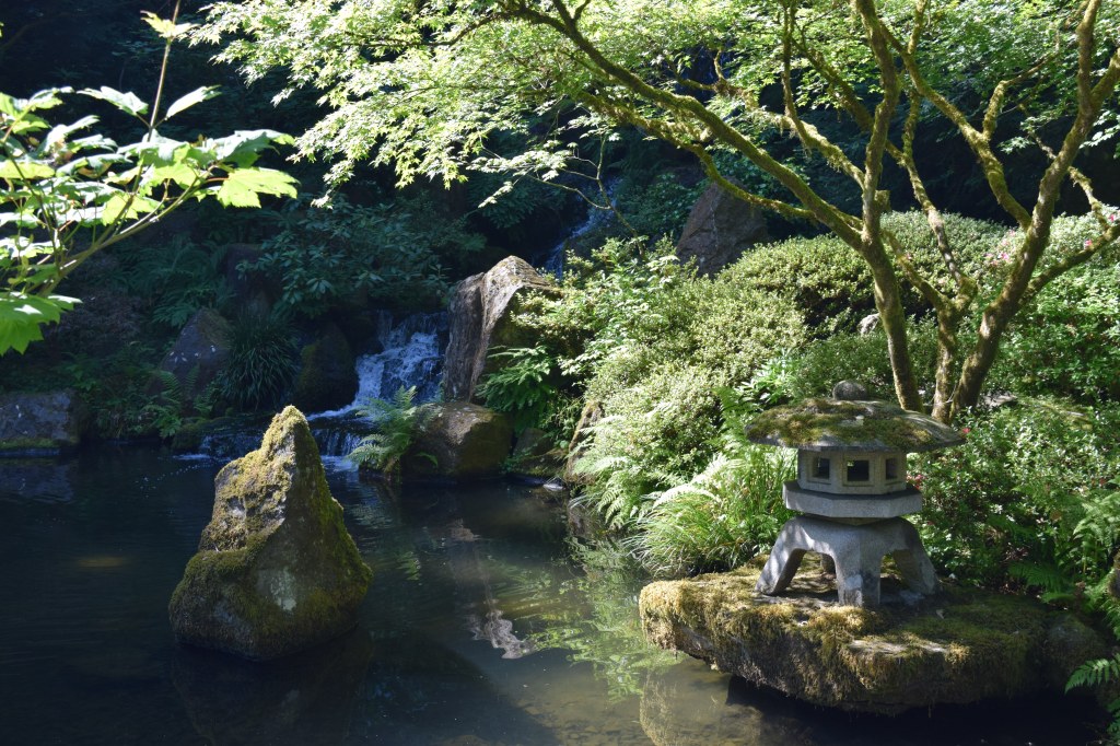 The lower pond with waterfall.