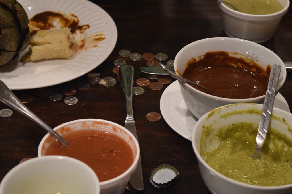 Brown mole and green salsa. The salsas in the styrofoam containers came from Me Gusta, they were ok, but not as good as what we made.